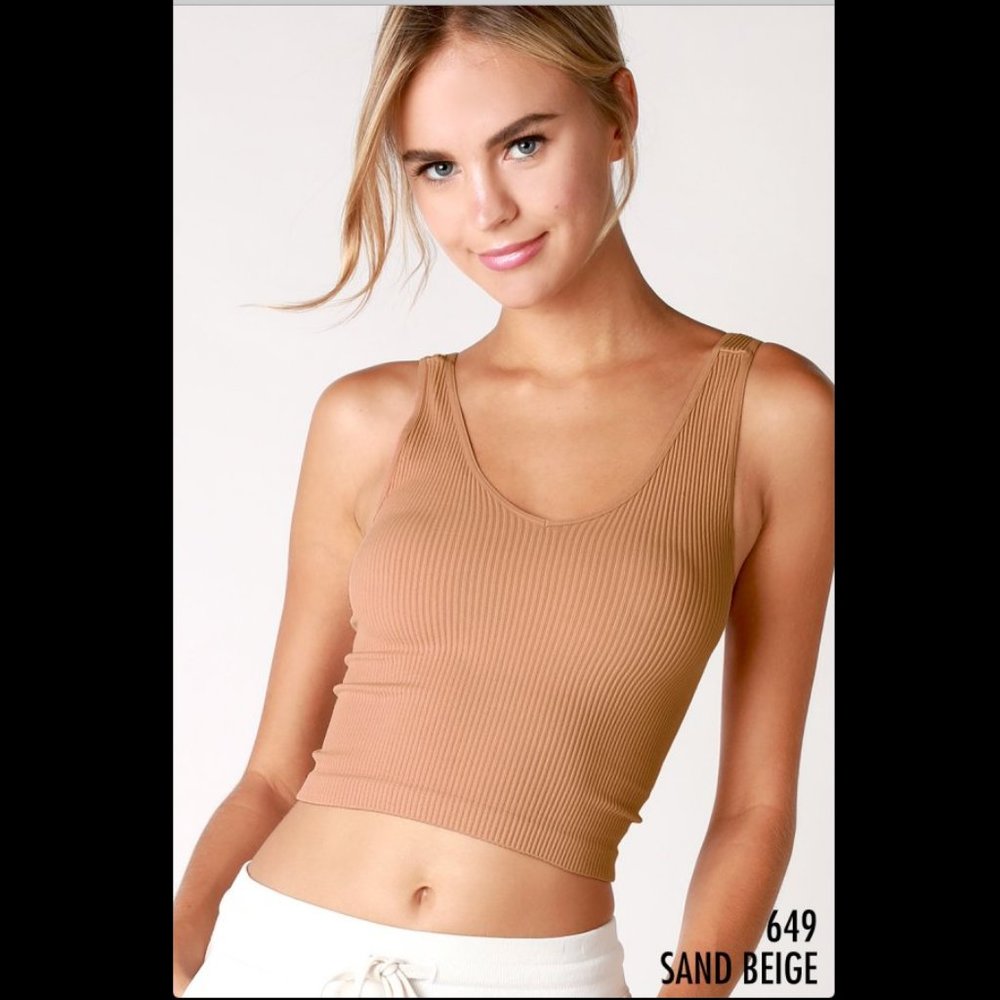 NEW Sand Beige V Neck Ribbed Crop Top by Nikibiki